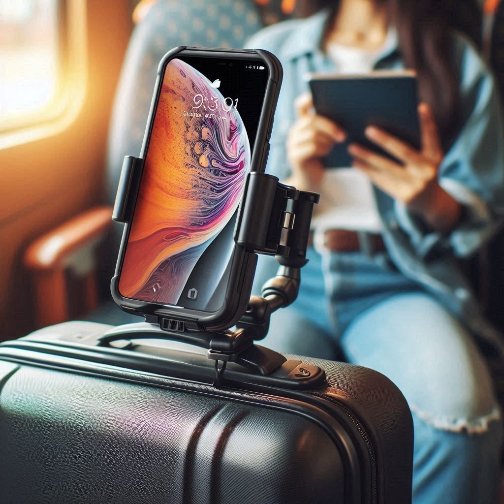 Handyhalterung am Koffer befestigt mit Smartphone, ideal für komfortables Reisen und Entertainment im Flugzeug